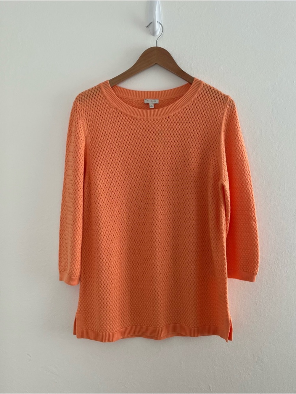 Talbots Coral Orange Textured Knit Sweater Crochet Semi Sheer Sz Large Coastal